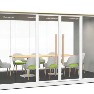 Phone booth nhóm 5–7 người với thiết kế rộng rãi, không gian kín riêng tư, cách âm hiệu quả, trang bị bàn họp và ghế ngồi thoải mái – phù hợp cho họp nhóm, brainstorm và trao đổi công việc chuyên sâu.