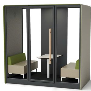 Phone booth 4 người với thiết kế sang trọng, cách âm hiệu quả, không gian gọn gàng đủ cho nhóm nhỏ trao đổi, trang bị đầy đủ bàn làm việc, ghế ngồi và hệ thống chiếu sáng – mang lại trải nghiệm làm việc riêng tư và chuyên nghiệp.